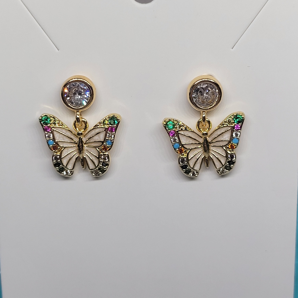 Gold-18k Plated Multicolor Crystal Butterfly Drop Earrings